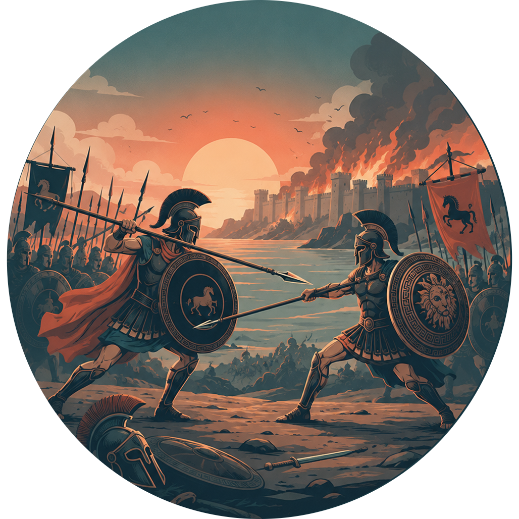 Illustration of Achilles and Hector dueling with spears beneath the burning walls of Troy